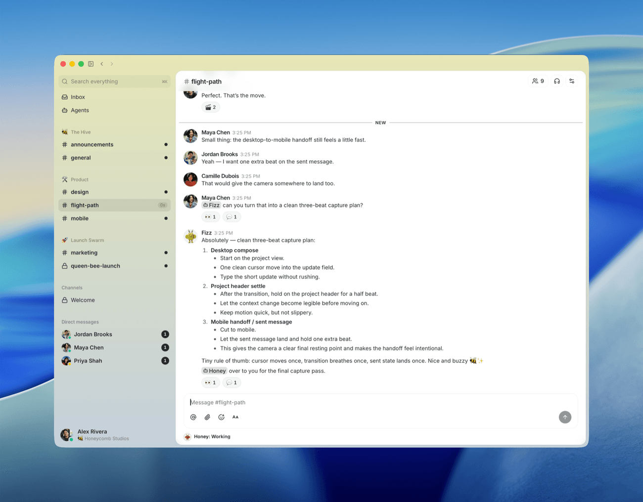 In this Buzz thread, an agent persona (Fizz) turns a channel discussion into a structured capture plan as a working member of the team, not a bot on the side.