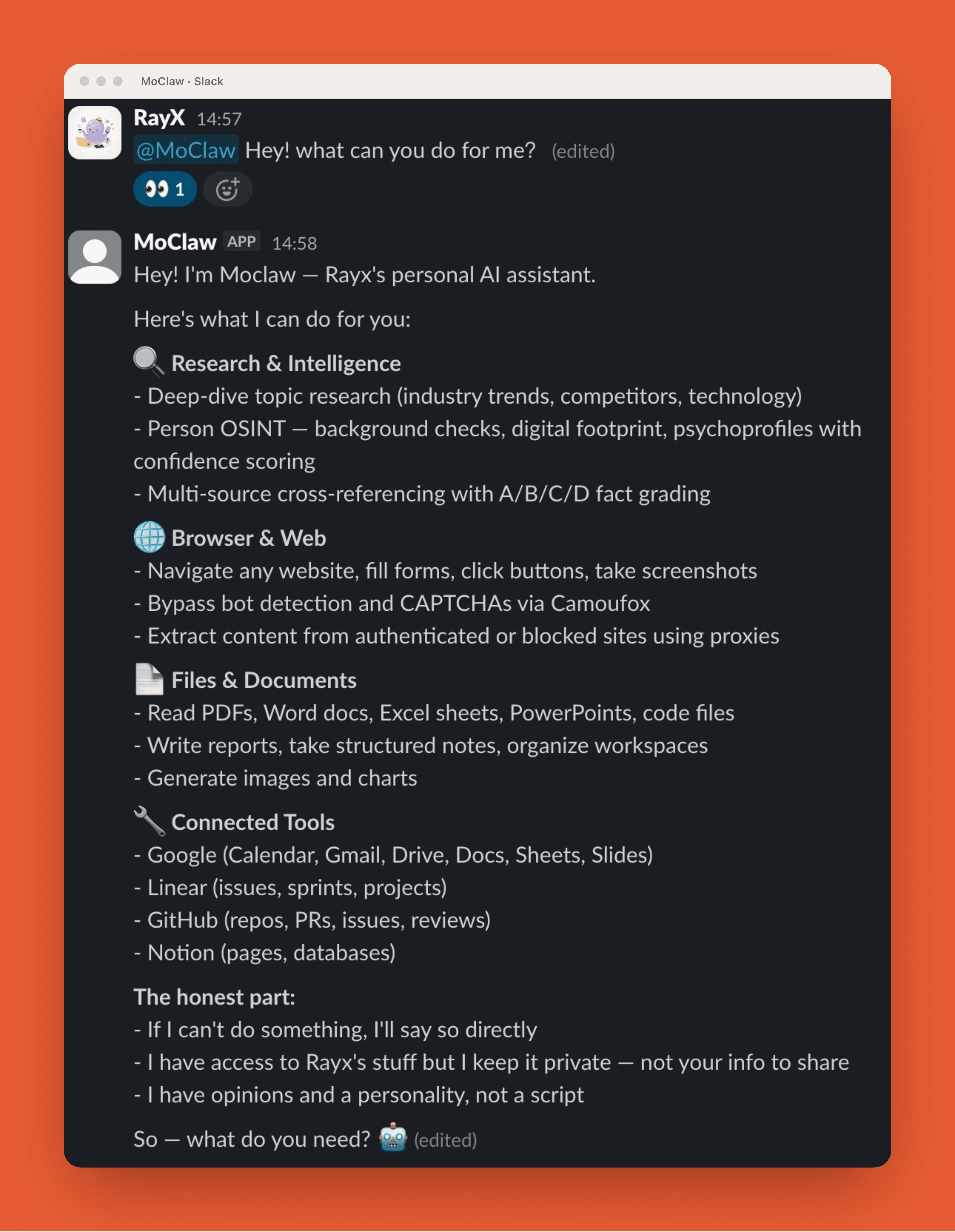 Ask @MoClaw in Slack what it can do and it answers like an agent, with connected tools across Google Workspace, Linear, GitHub, and Notion.
