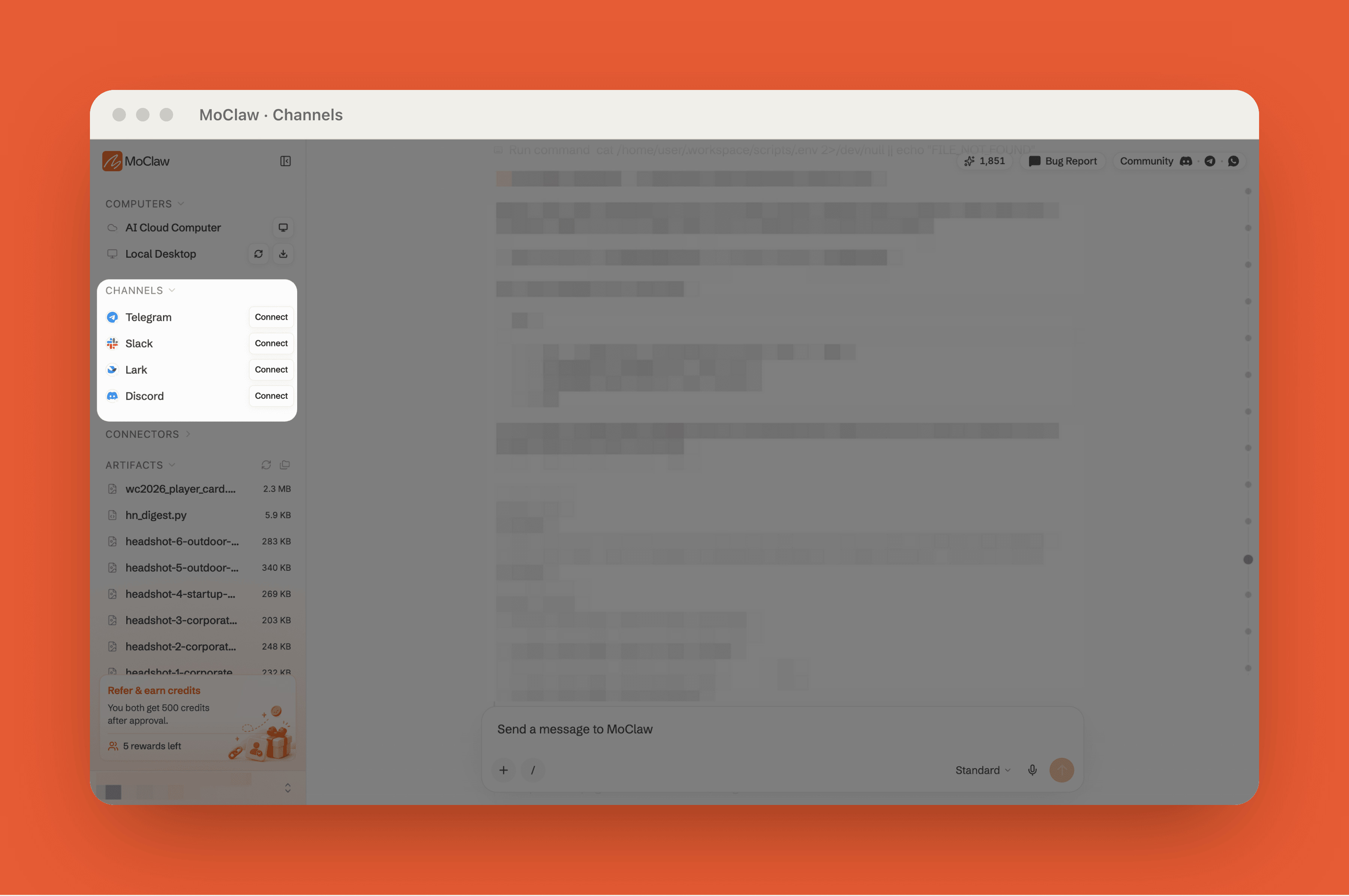 MoClaw connects to Slack, Telegram, Lark, and Discord, so you can tag it wherever your team works.
