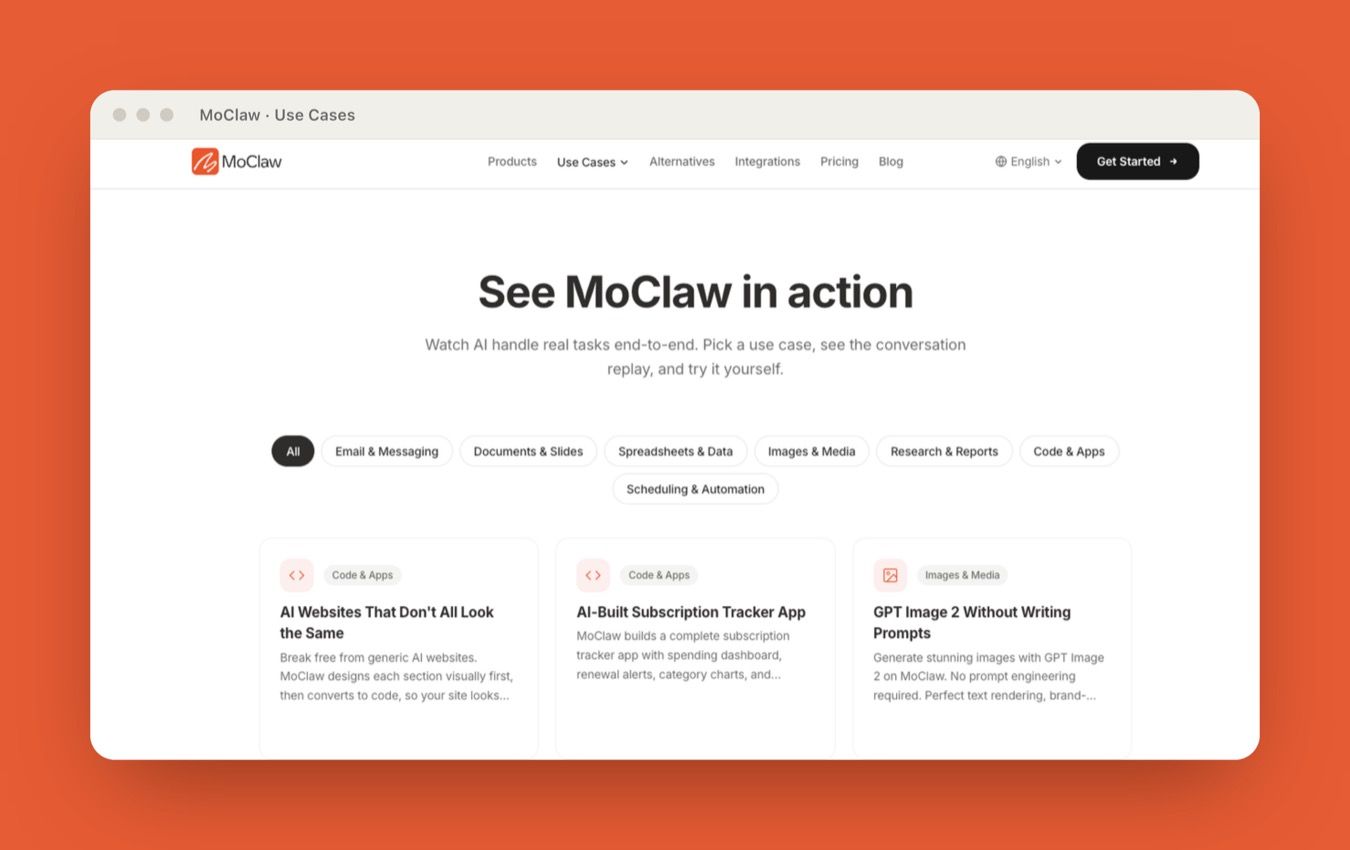 MoClaw use-case gallery showing recurring browser and workspace tasks run end to end in the cloud