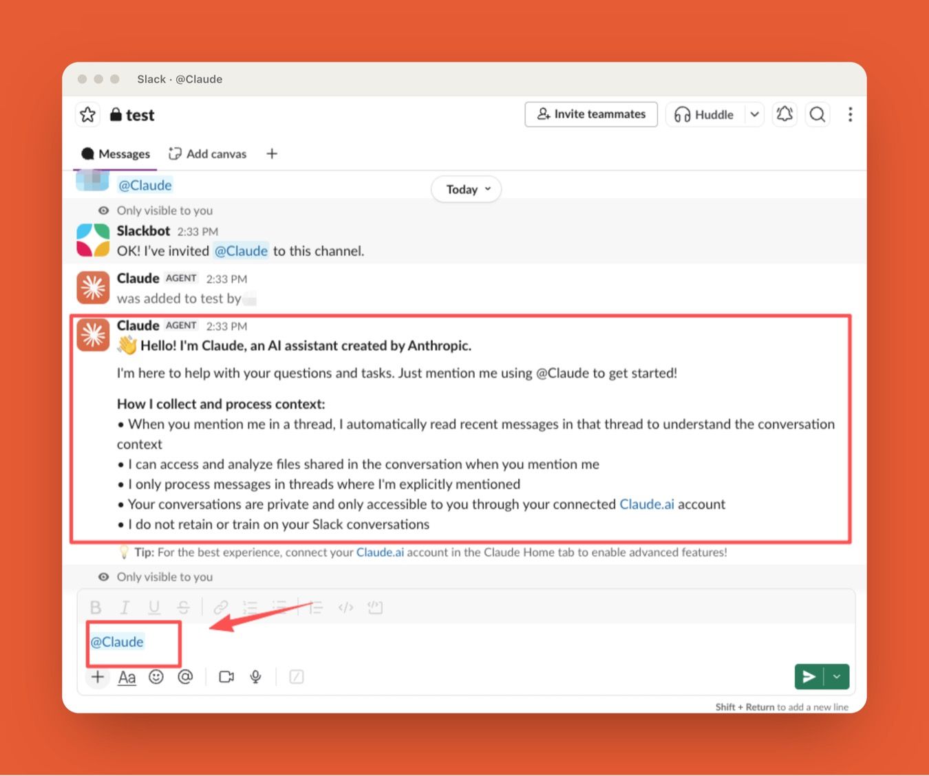 Claude Tag introducing itself in a Slack channel and explaining that it reads recent thread messages for context