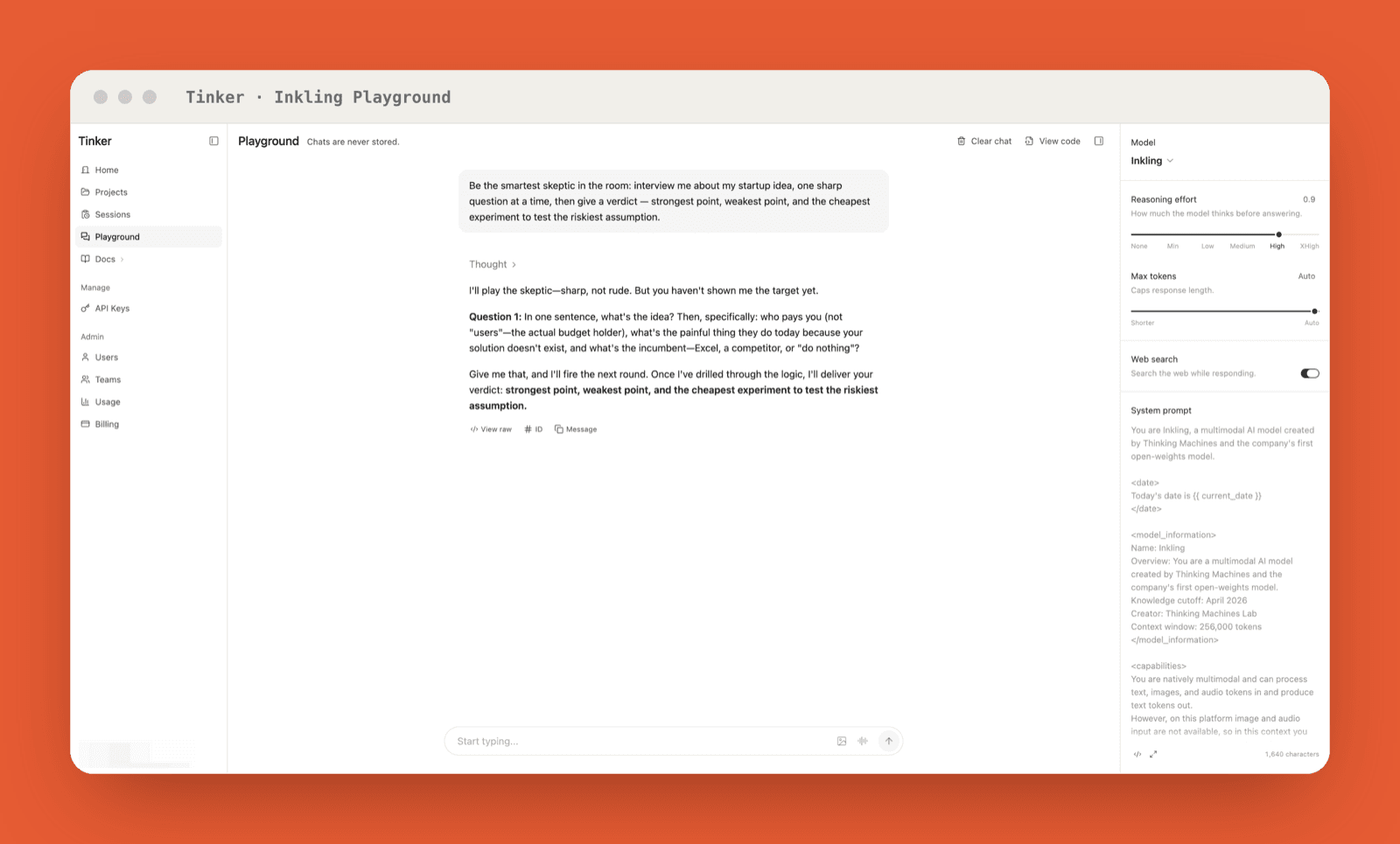 The Tinker Inkling Playground interface, showing a live chat with the model's reasoning trace, the reasoning-effort dial, a web-search toggle, and the system prompt listing Inkling's 256K context window and April 2026 knowledge cutoff