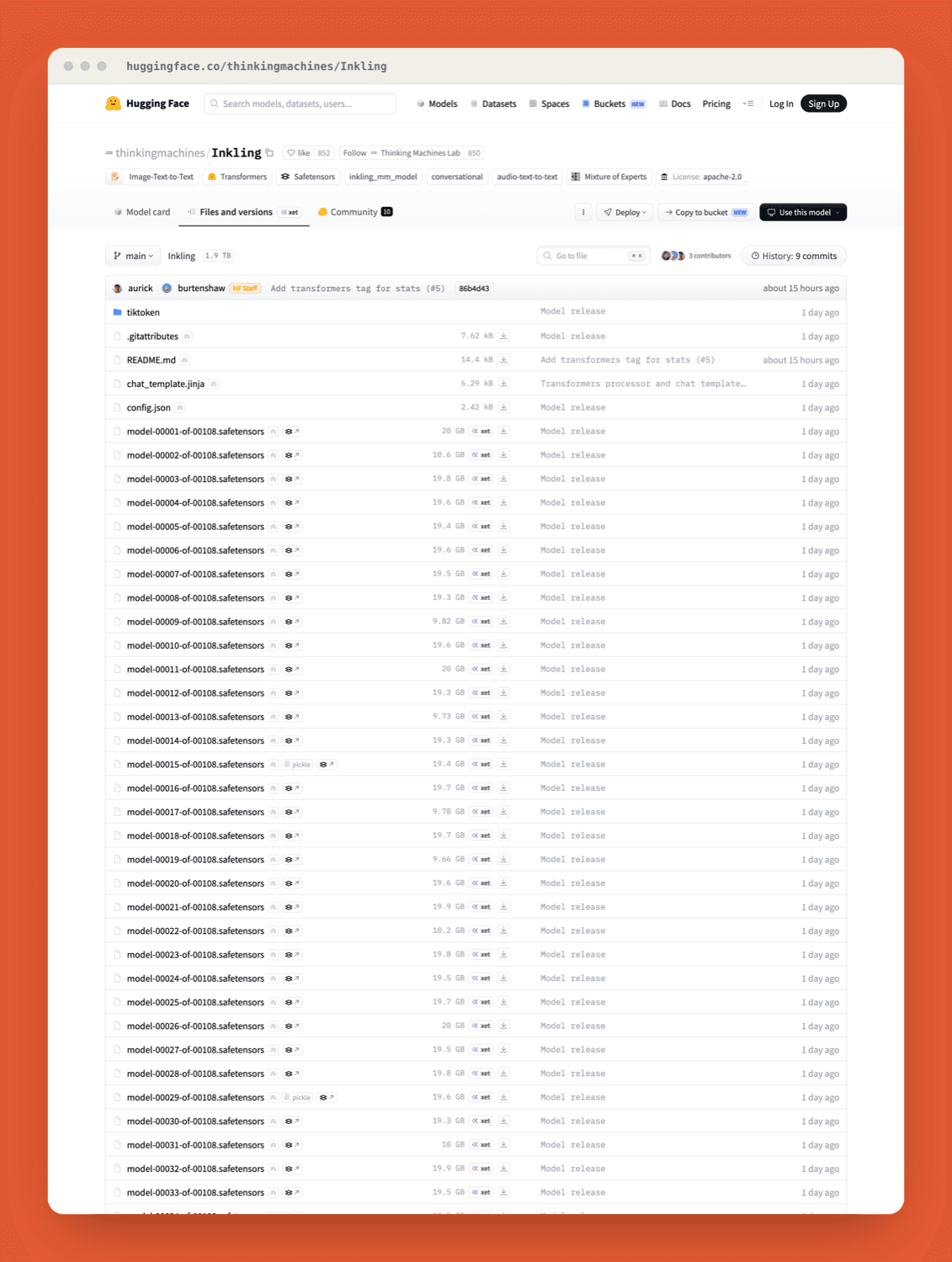 The Inkling model repository on Hugging Face, showing the BF16 safetensors shards and the Apache 2.0 license