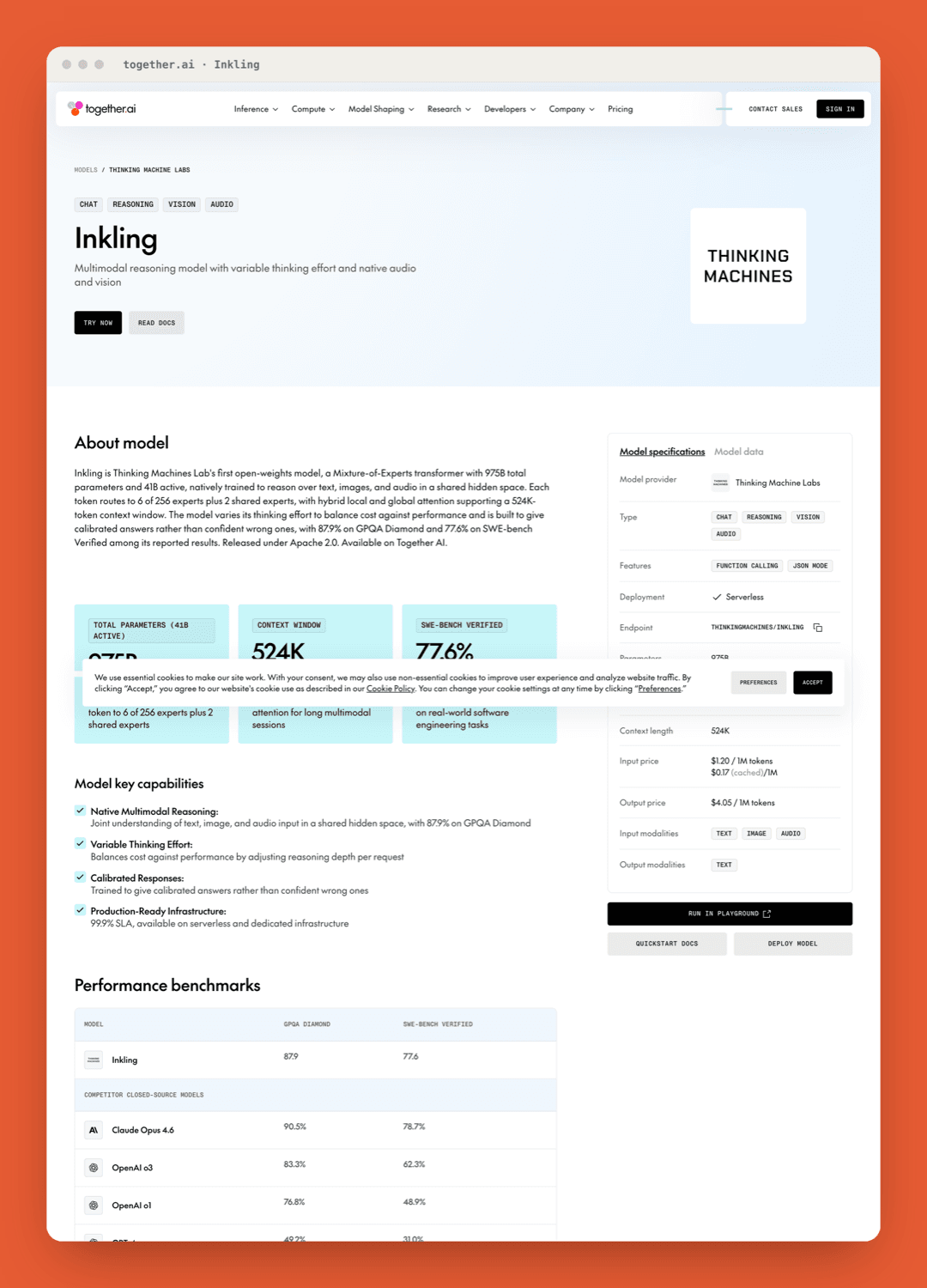 Inkling's model page on Together AI, showing it available to call through a hosted API alongside its context window and SWE-bench Verified score