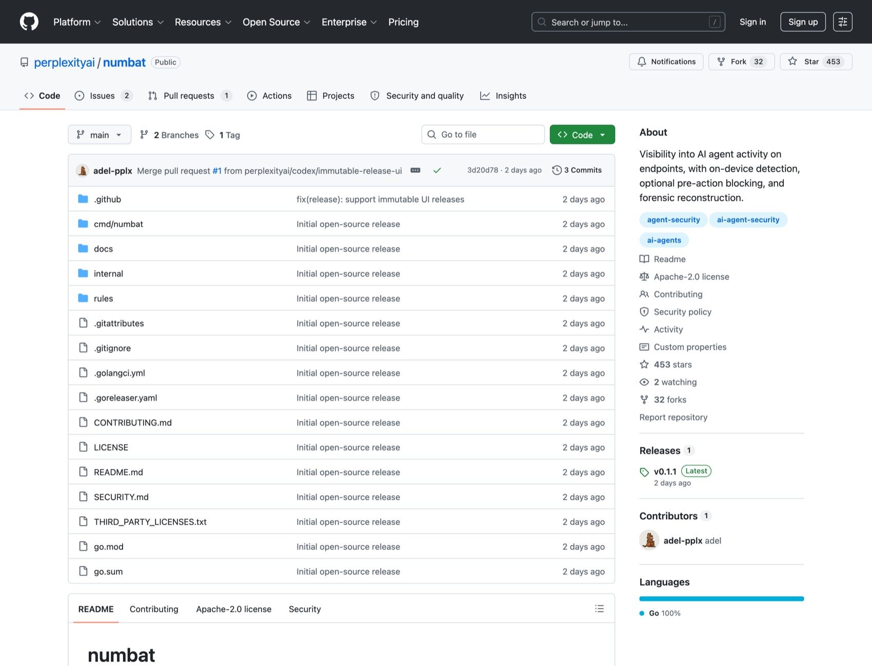 GitHub page for perplexityai/numbat showing repository description, Apache 2.0 license, and star count