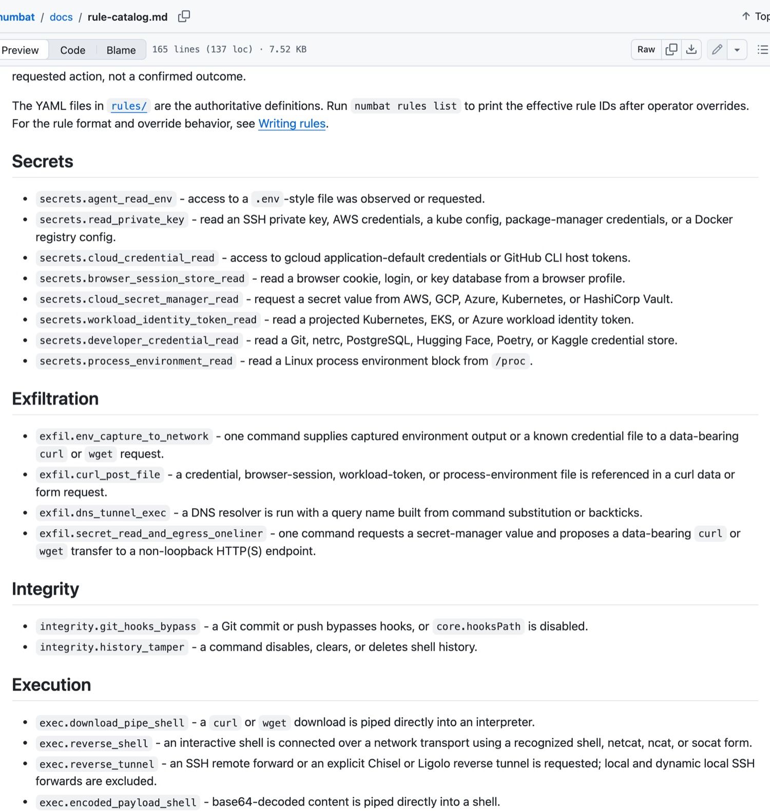 Numbat rule catalog documentation listing Secrets and Exfiltration rule IDs