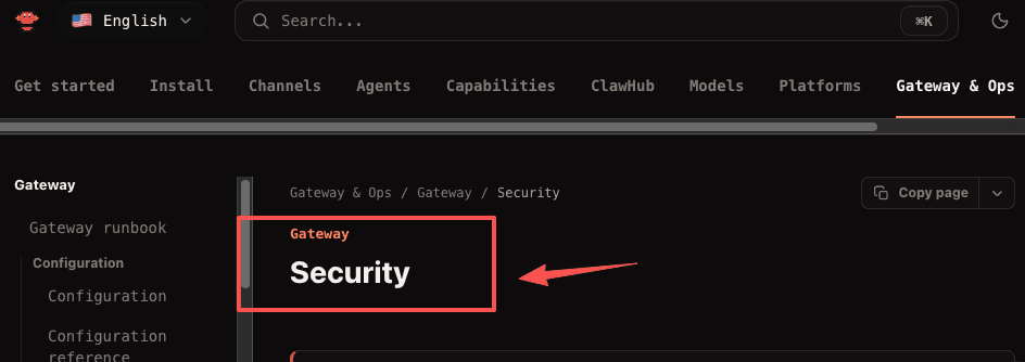 OpenClaw documentation page on gateway security and permissions