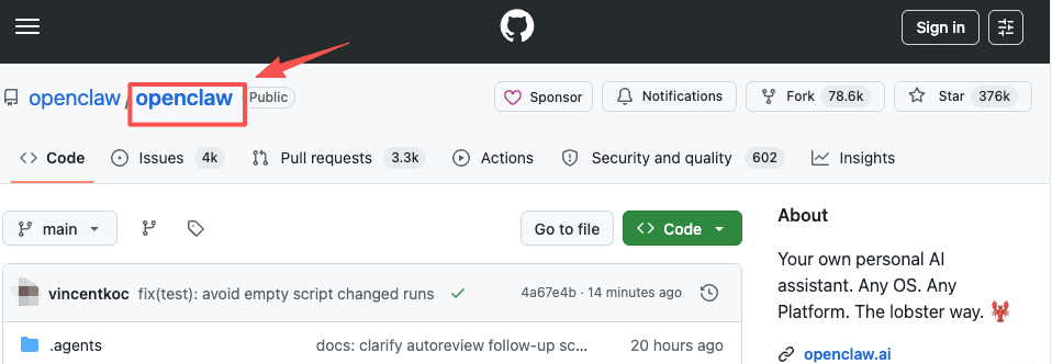 OpenClaw open-source repository on GitHub with 376K stars