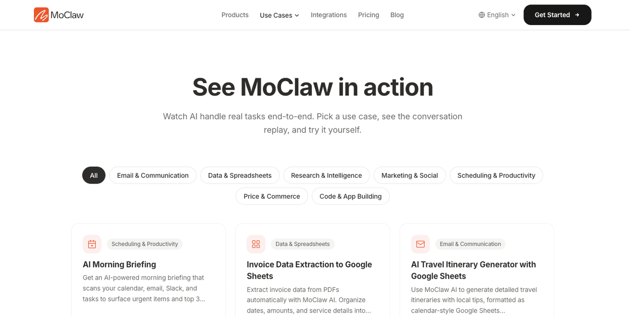 MoClaw use-case gallery showing real AI workflows in action