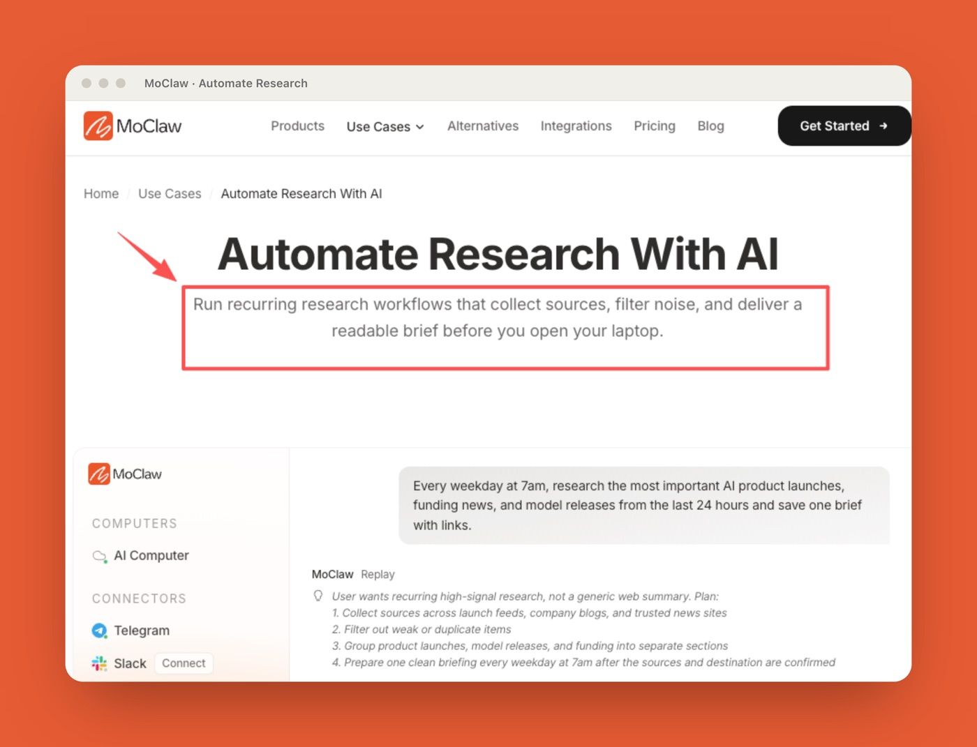 MoClaw Automate Research With AI use case running a recurring research workflow with confirmation