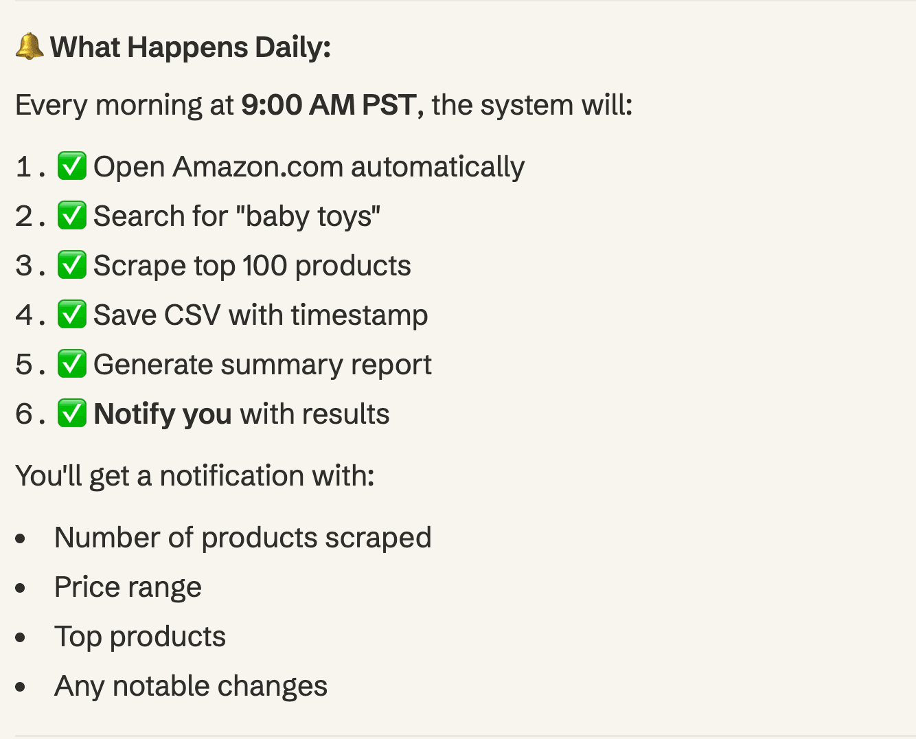 MoClaw daily automation: opens Amazon, searches, scrapes top 100, saves CSV, generates report, notifies you every morning at 9am PST