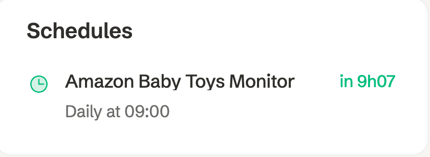 MoClaw Schedules panel showing Amazon Baby Toys Monitor running daily at 09:00