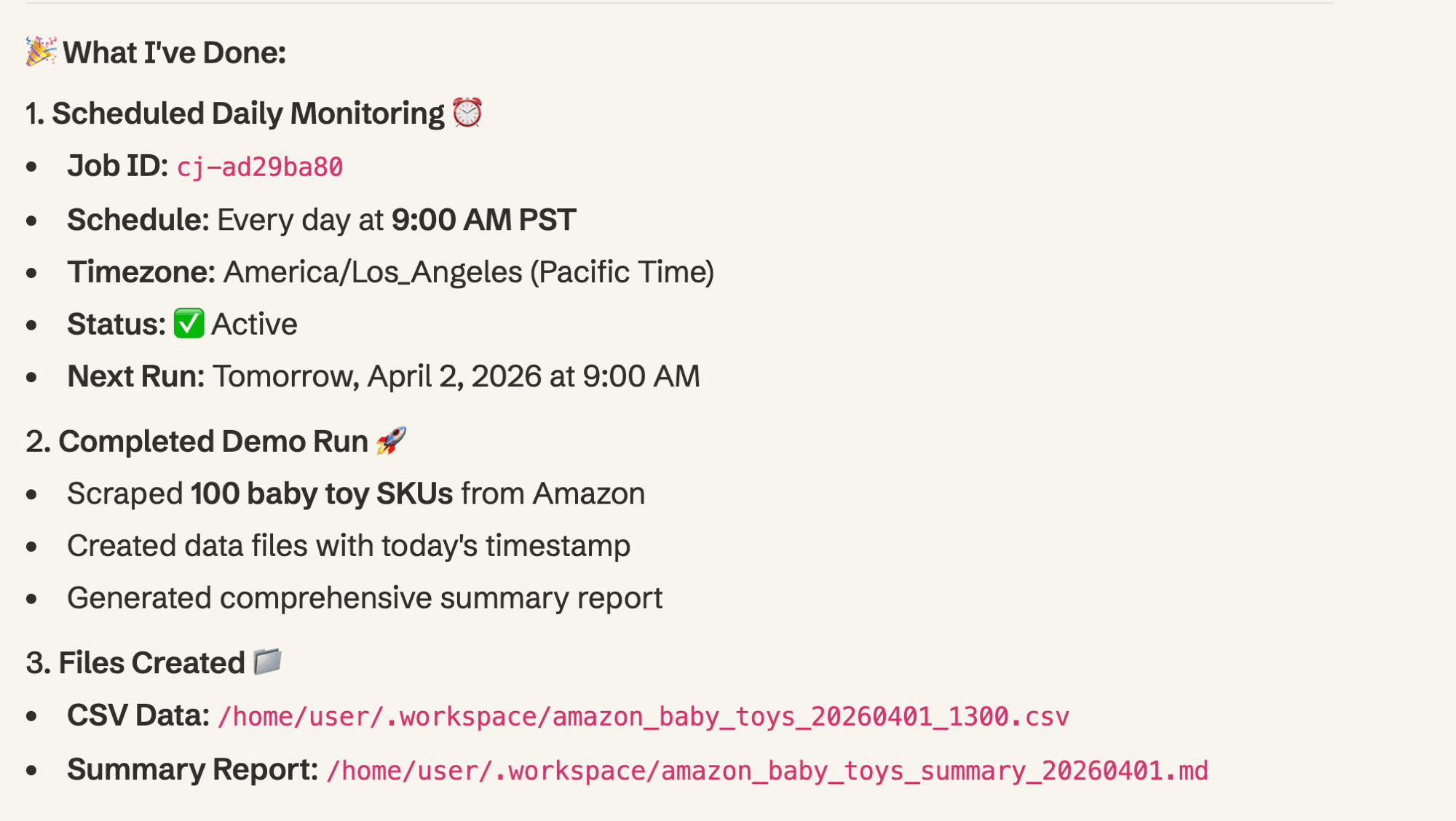 MoClaw scheduled daily monitoring confirmation: Job ID, schedule at 9am PST, demo run completed with 100 SKUs scraped