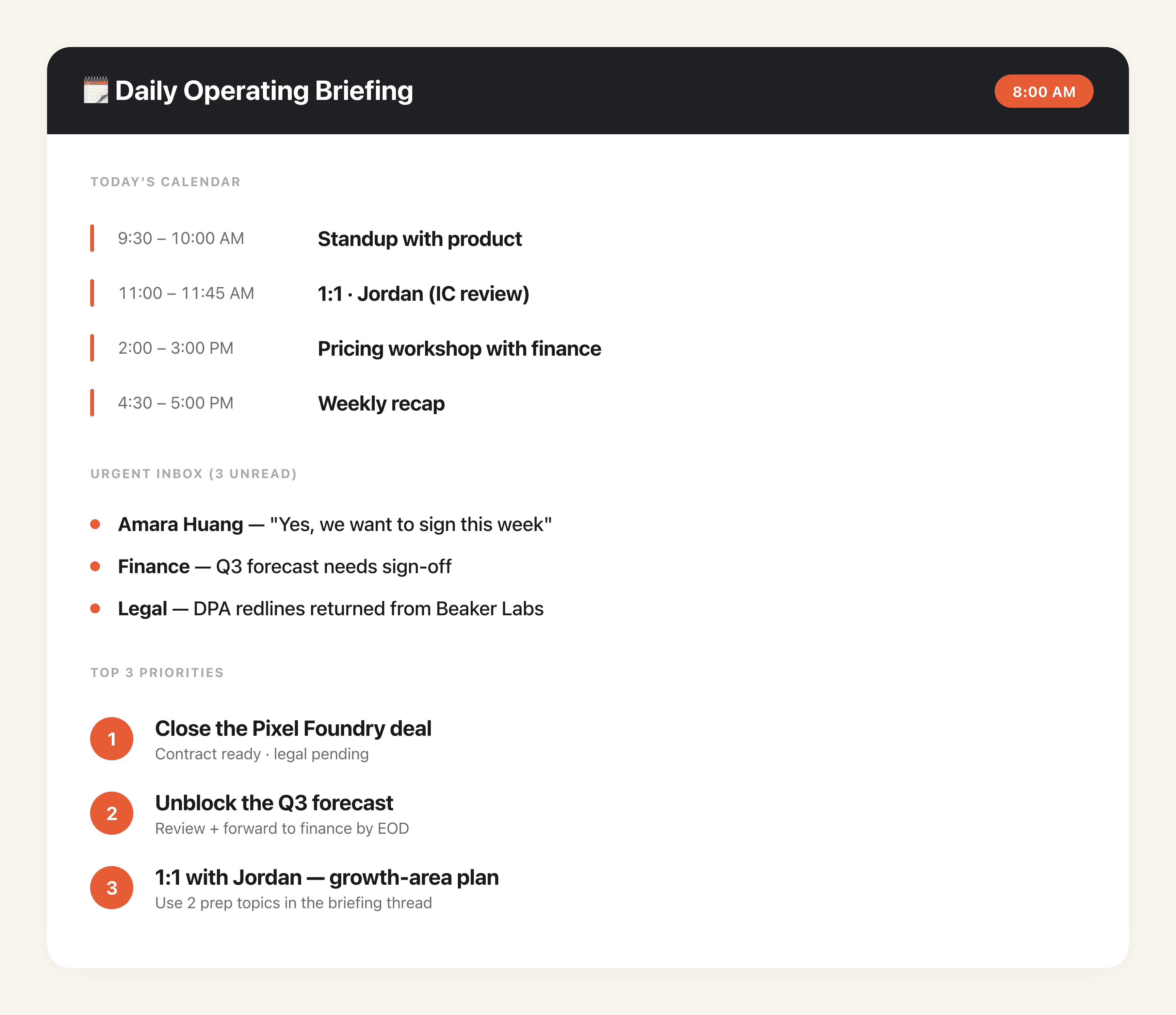 Daily Operating Briefing output preview