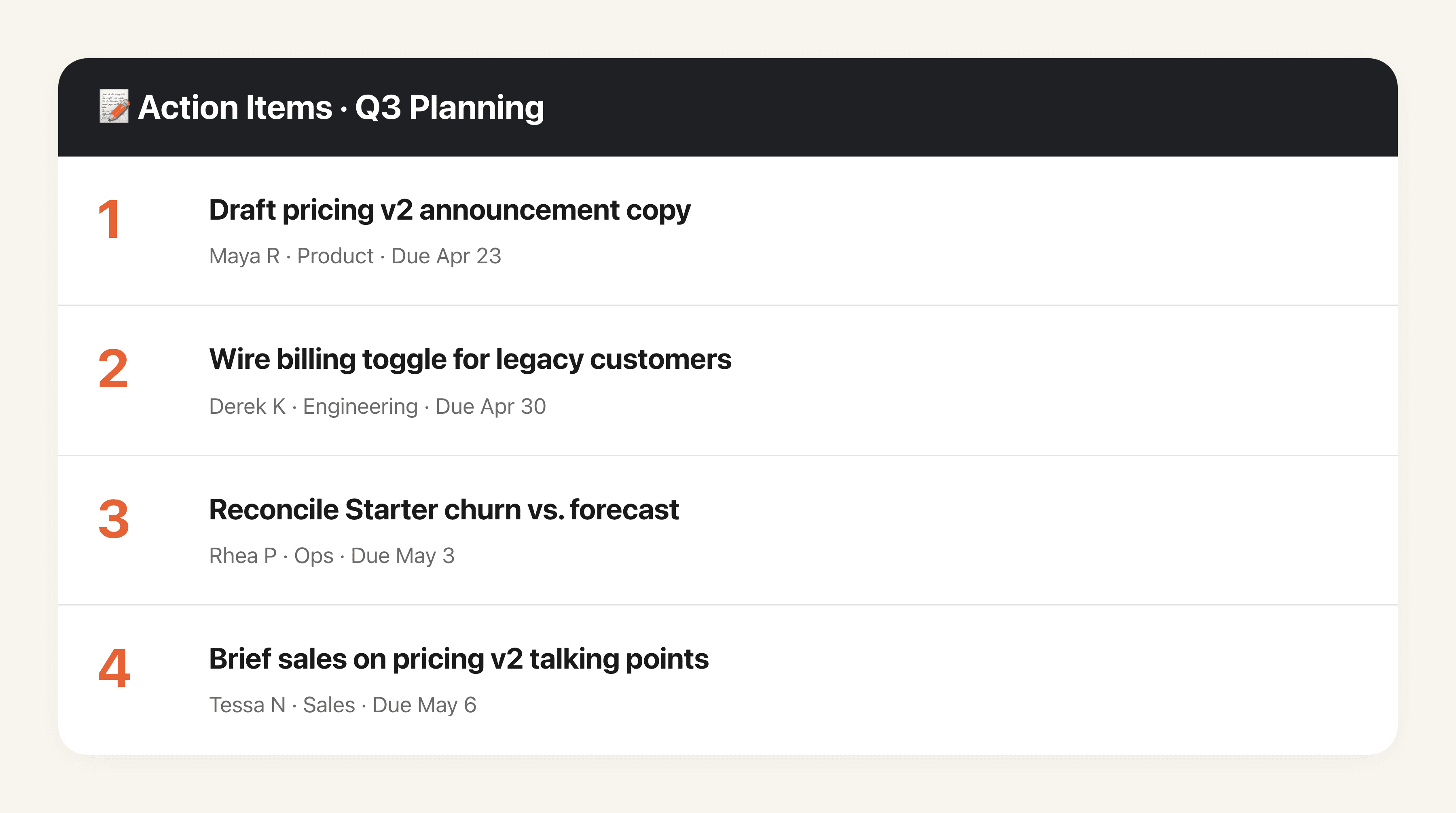 Meeting Notes to Action Items output preview
