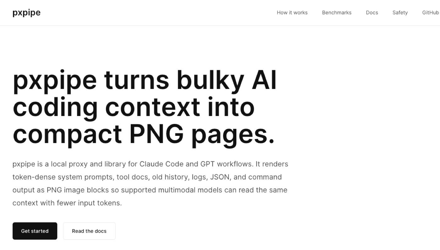 pxpipe renders bulky AI coding context as compact PNG image pages.