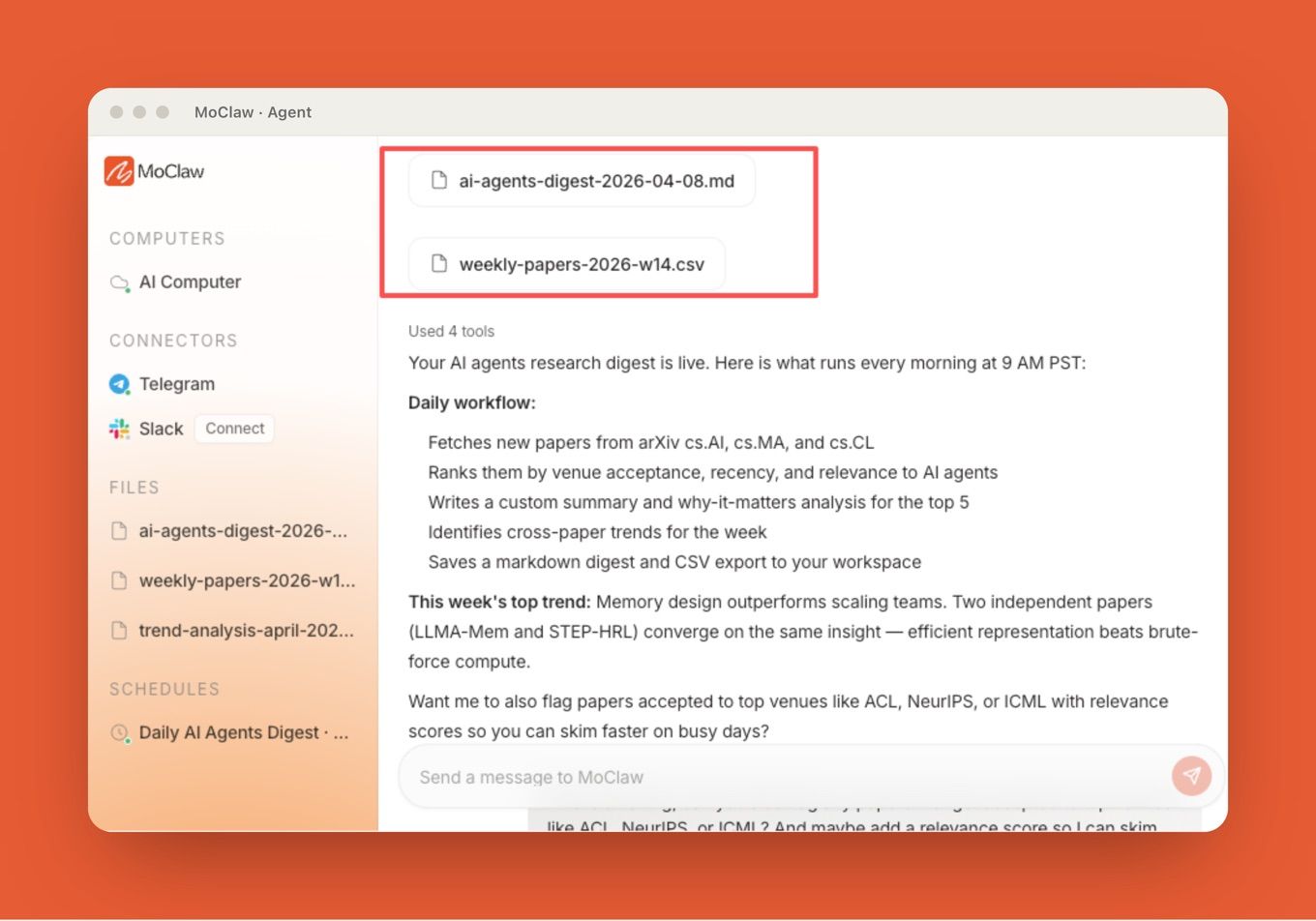 A MoClaw research digest workflow: sources, saved outputs, and a schedule stay inspectable over time.