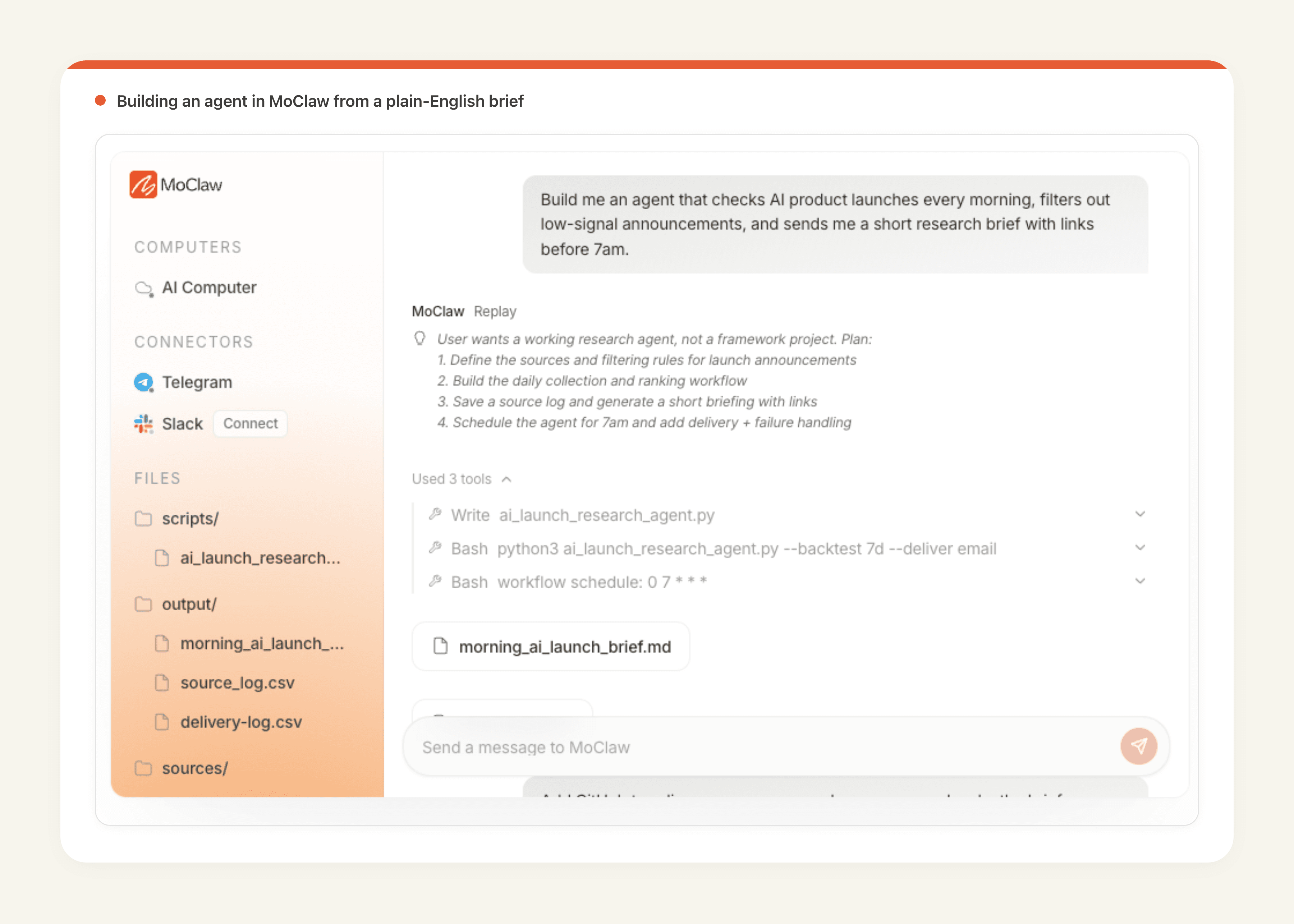 Building an AI agent in MoClaw from a plain-English brief, with the plan and tools shown inline
