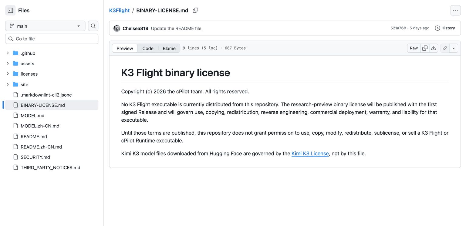 The BINARY-LICENSE.md file in the K3Flight repository stating that the repository does not grant permission to use, copy, modify or redistribute the executable