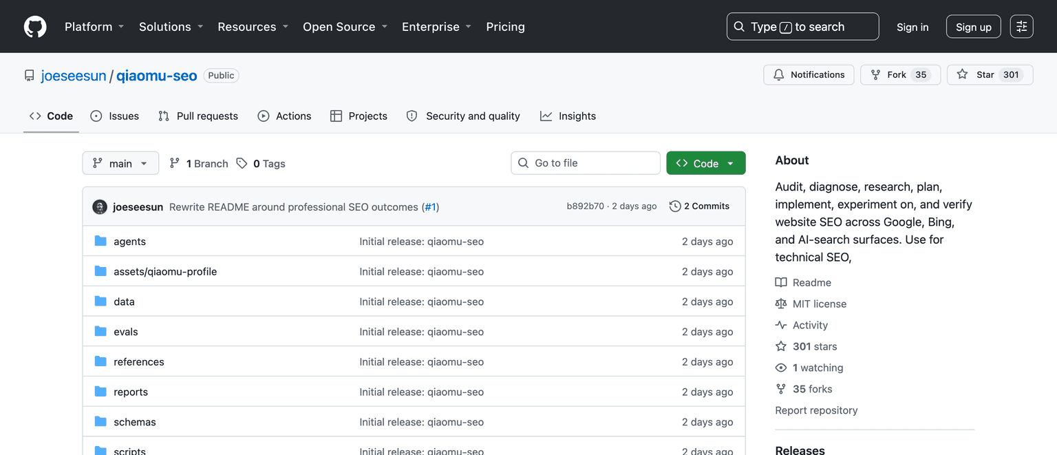 The joeseesun/qiaomu-seo repository on GitHub, an MIT-licensed SEO agent skill for Google, Bing and AI search surfaces