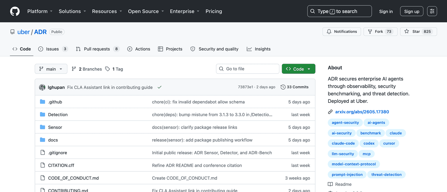 The uber/ADR repository on GitHub, describing ADR as securing enterprise AI agents through observability, security benchmarking and threat detection